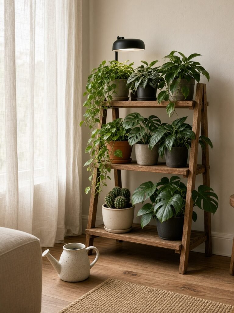 A cozy plant corner with a wooden tiered stand, a small grow light and a watering can